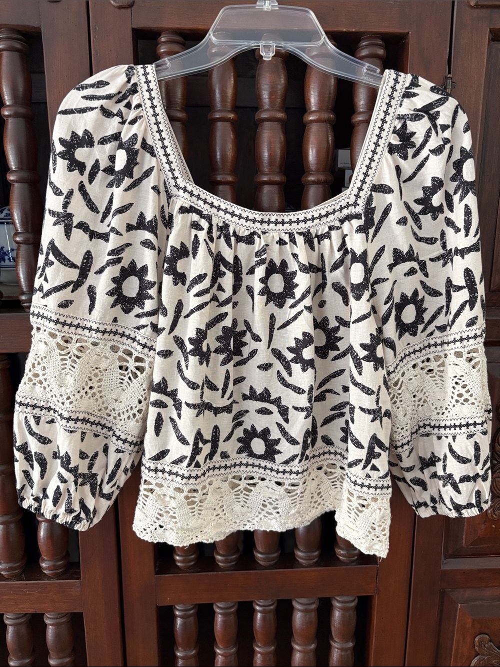 Christian Siriano Black Floral Crochet-Trim Peasant Blouse on Cream